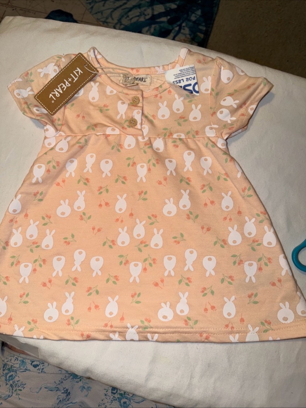 Peach Bunny Print Short-Sleeve Dress for Kids